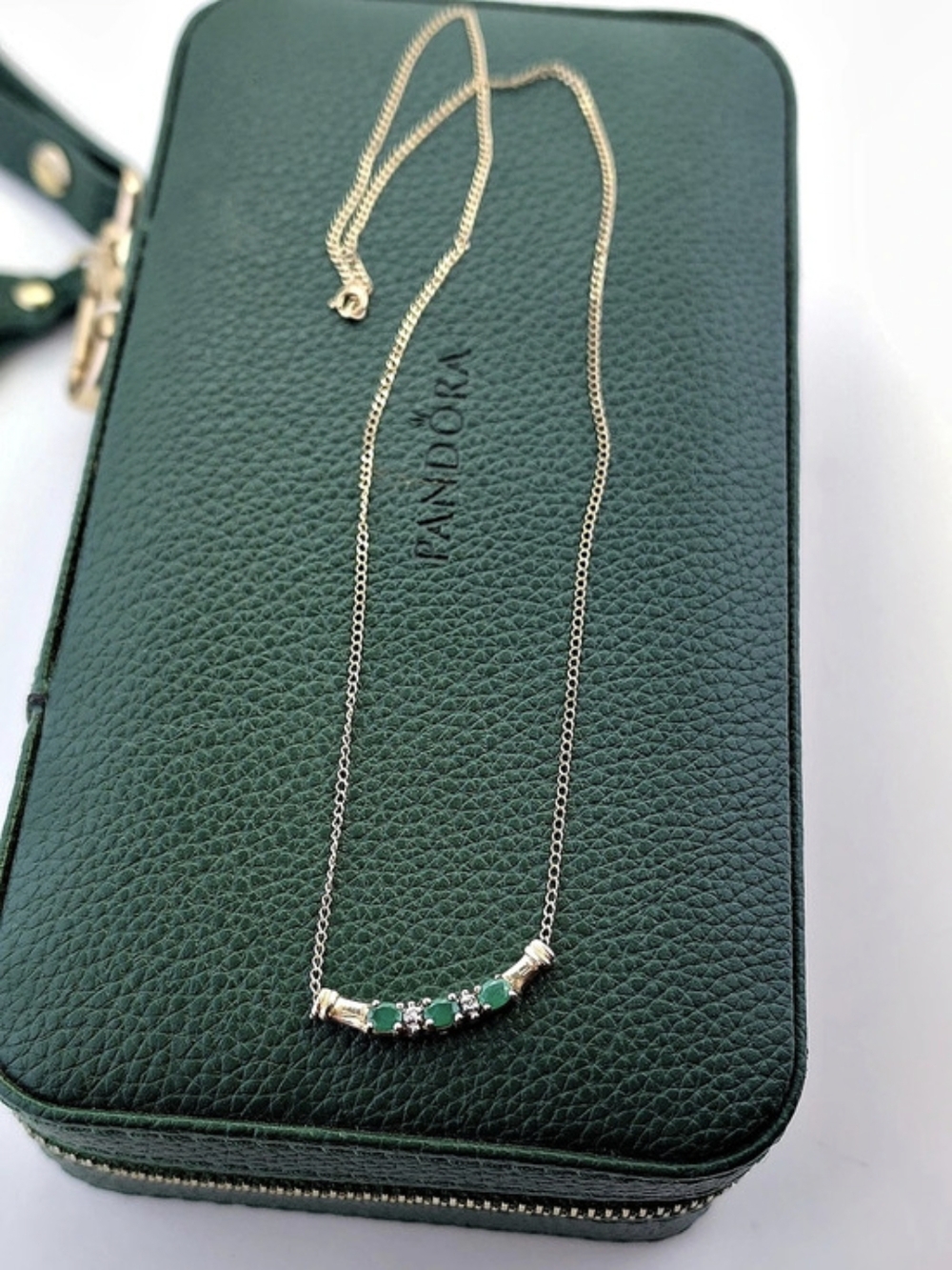10K Gold Emerald & Diamond Accent Curved Bar Necklace